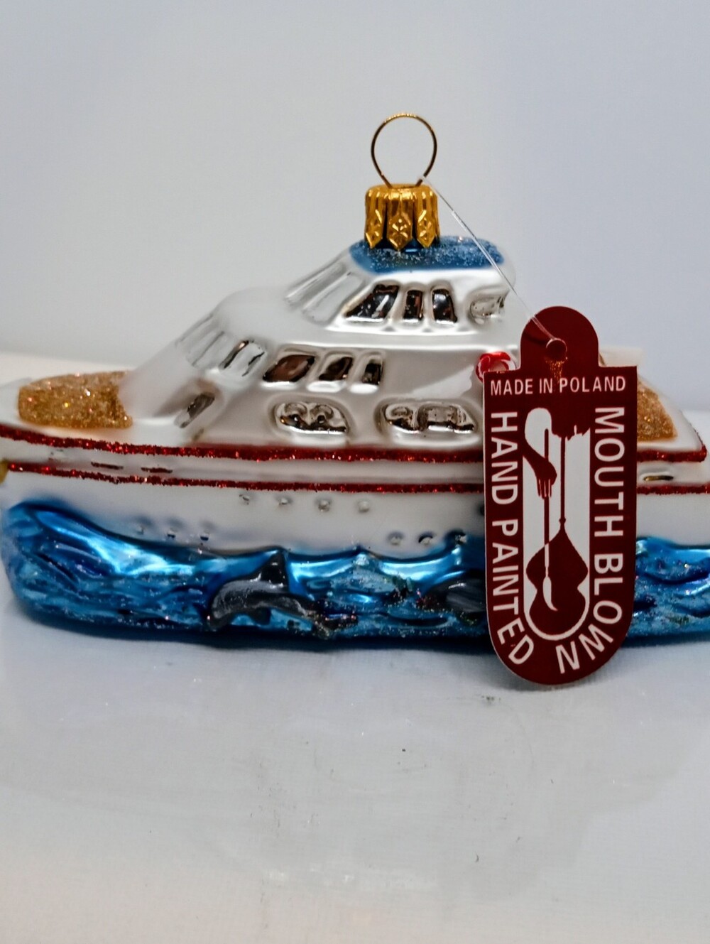 Newport Mansions RI Christmas Yacht Hand Blown Hand Painted Glass Ornament